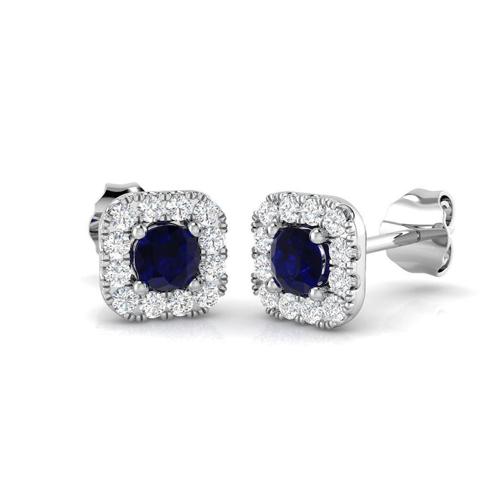 0.60ct Blue Sapphire & Diamond Square Cluster Earrings 18k White Gold