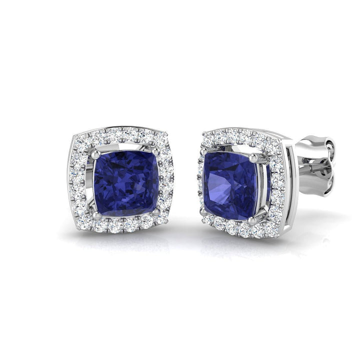 2.05ct Tanzanite & Diamond Cushion Cluster Earrings 18k White Gold