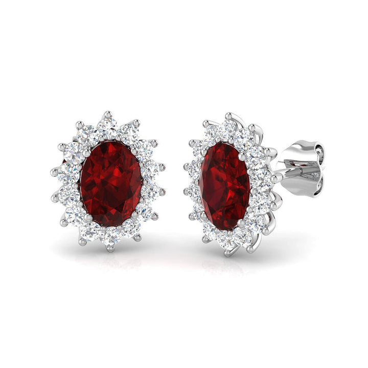 2.55ct Ruby & Diamond Oval Cluster Earrings 18k White Gold