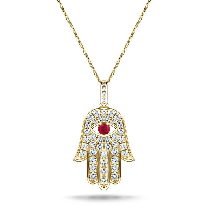 0.60ct Diamond Ruby 18K Yellow Gold 'Evil Eye' Hamsa Pendant Necklace