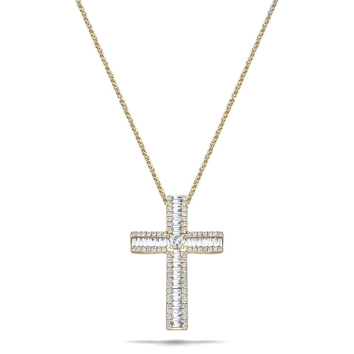 1.10ct Baguette & Round Diamond Cross in 18k Yellow Gold - All Diamond