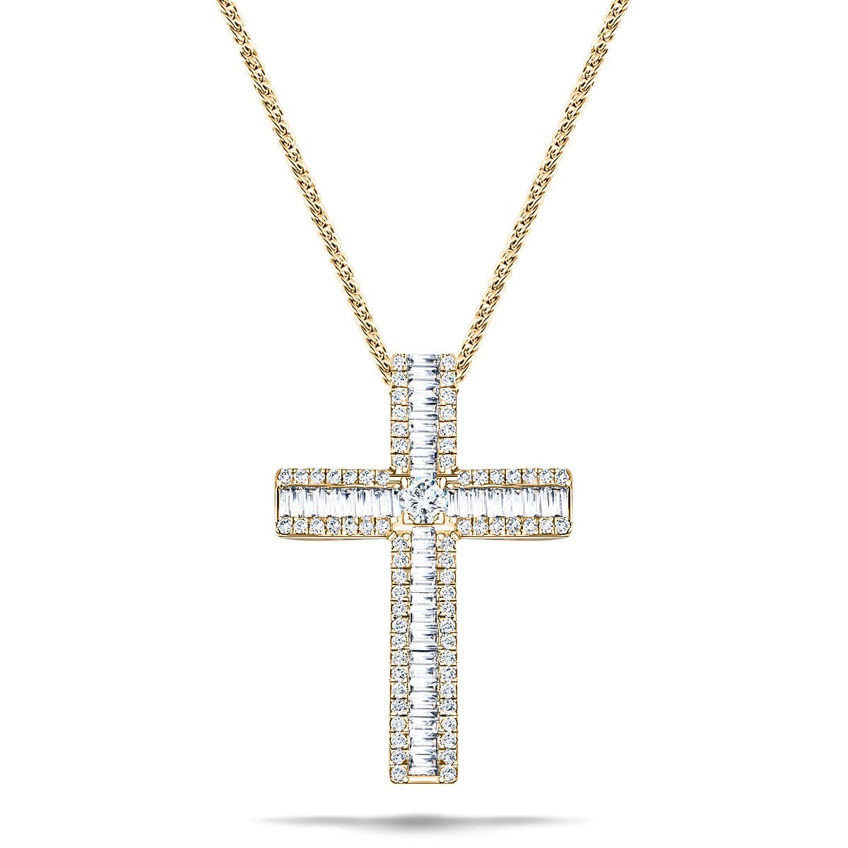 1.10ct Baguette & Round Diamond Cross in 18k Yellow Gold - All Diamond