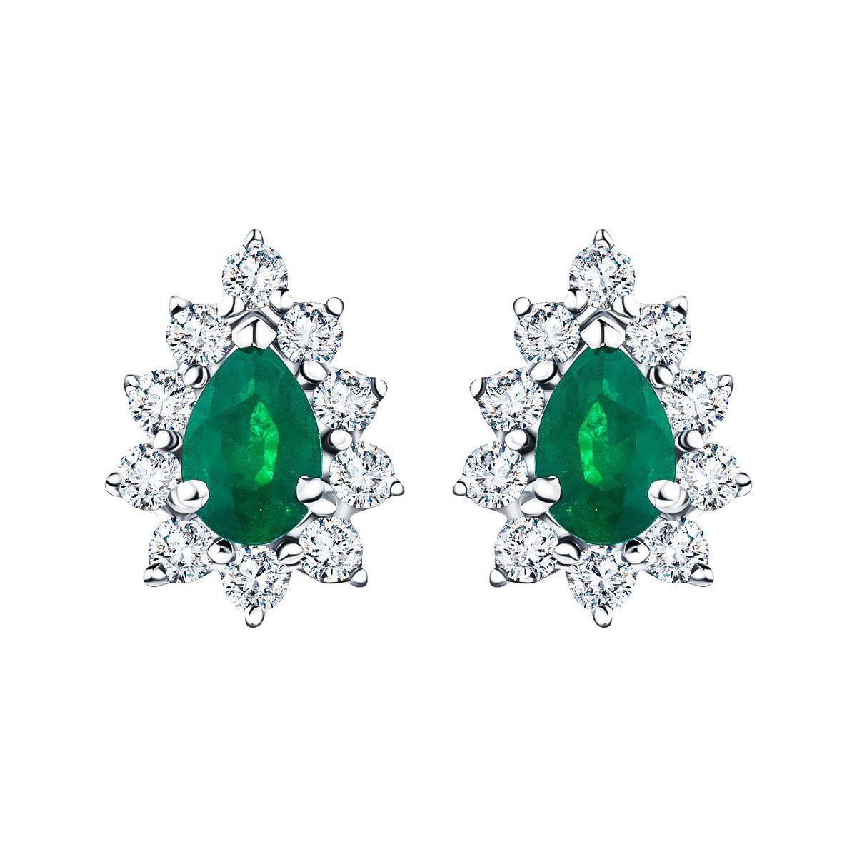 1.20ct Emerald & Diamond Pear Cluster Earrings 18k Whtie Gold - All Diamond