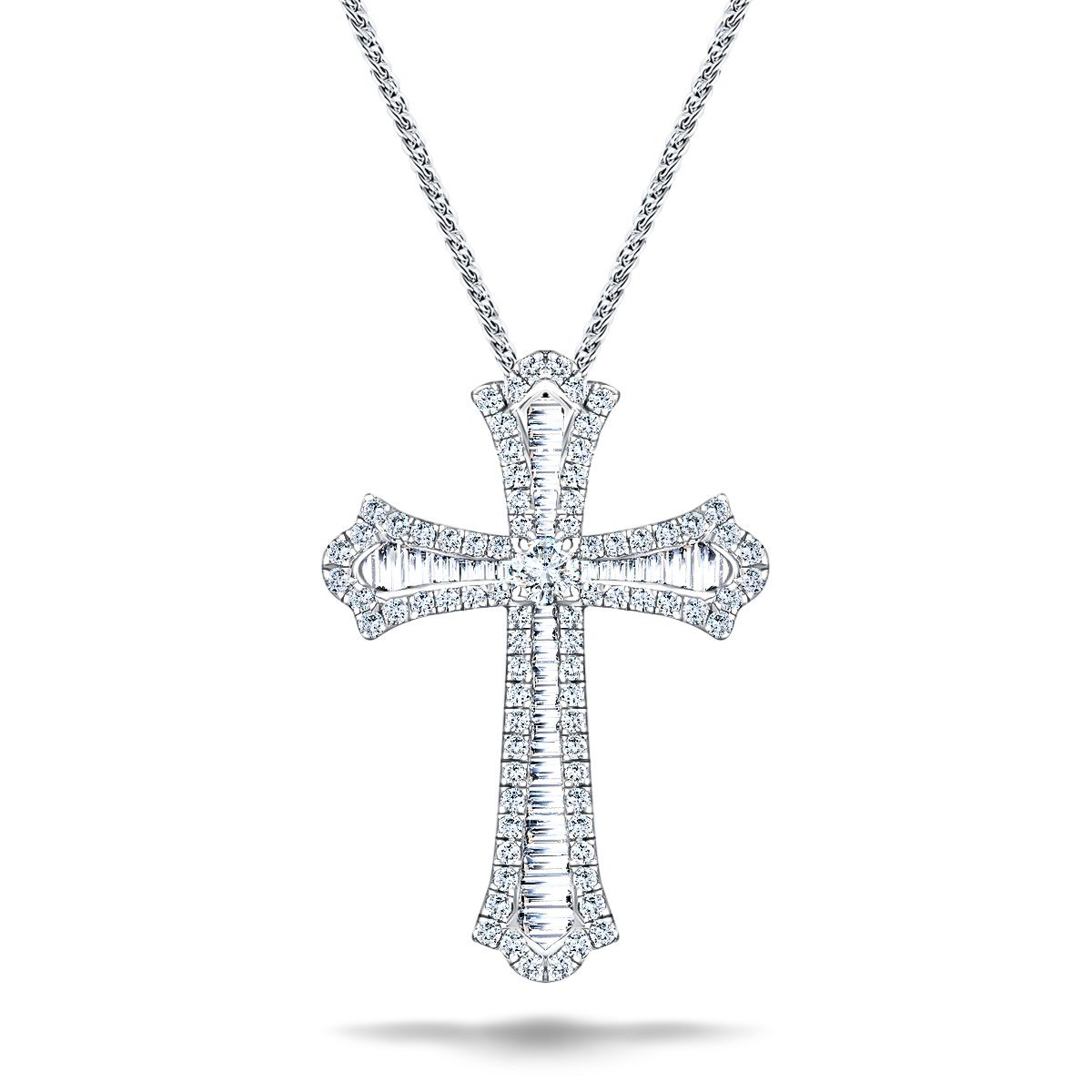 2.00ct Baguette and Round Cut Claw Set Diamond Cross in 18k White Gold - All Diamond