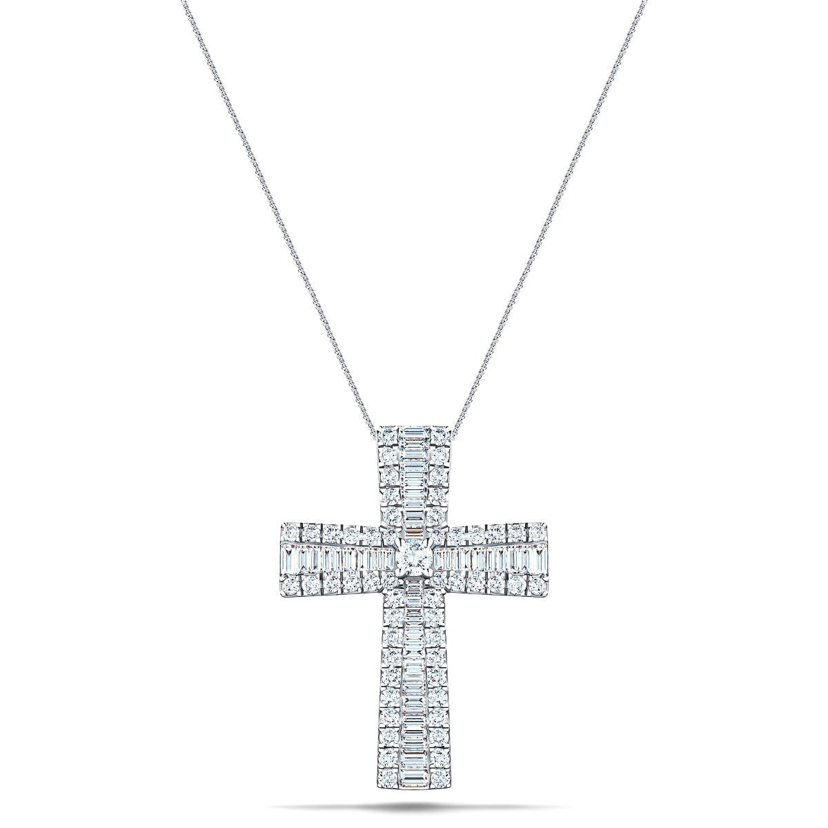 2.30ct Baguette and Round Cut Claw Set Diamond Cross in 18k White Gold - All Diamond