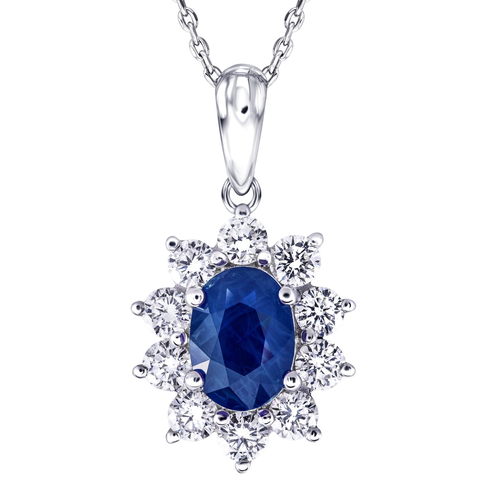 Blue Sapphire 1.00ct & 0.60ct G/SI Diamond Necklace in 18k White Gold - All Diamond