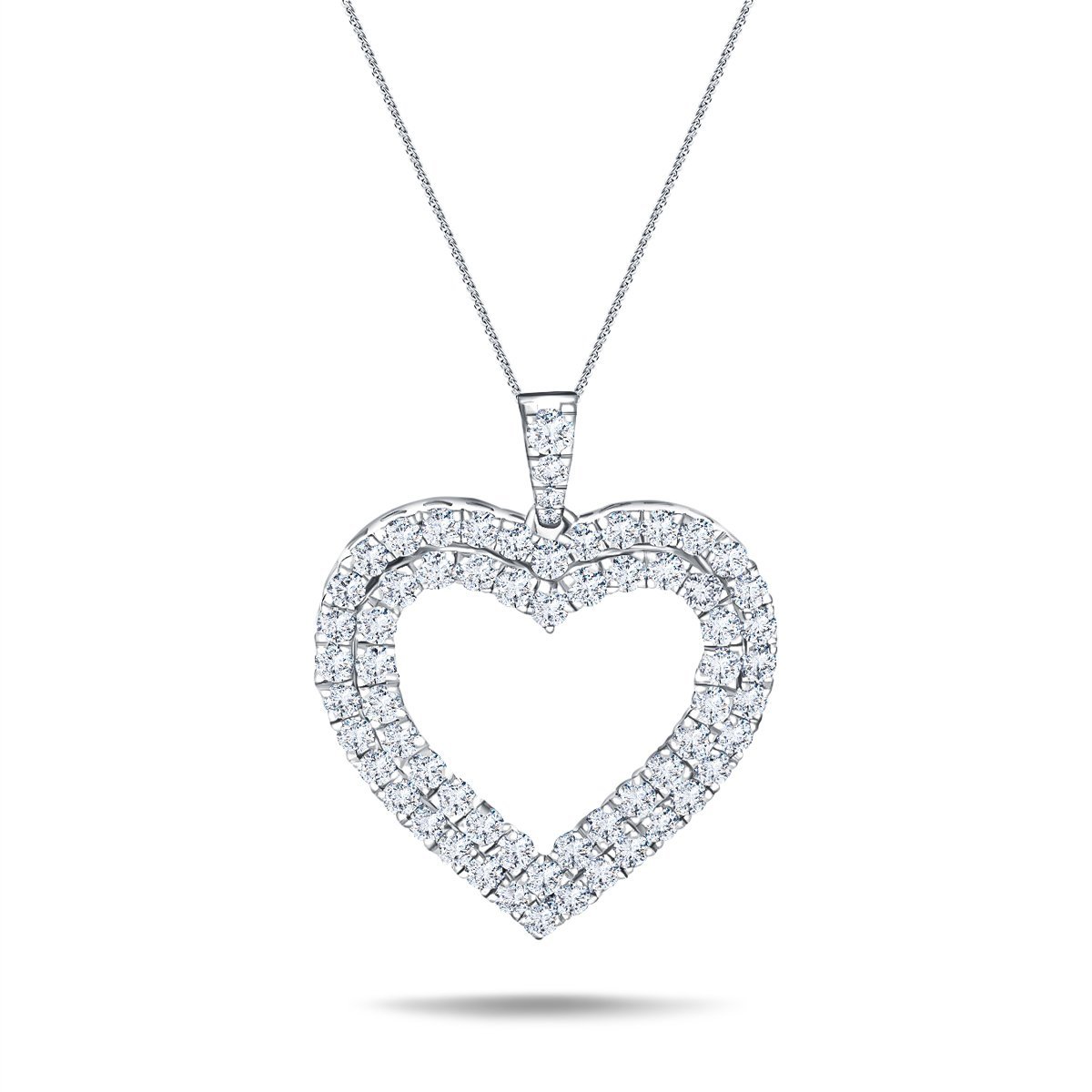 Double Row Heart Round 1.25ct Diamond Pendant in 18K White Gold - All Diamond