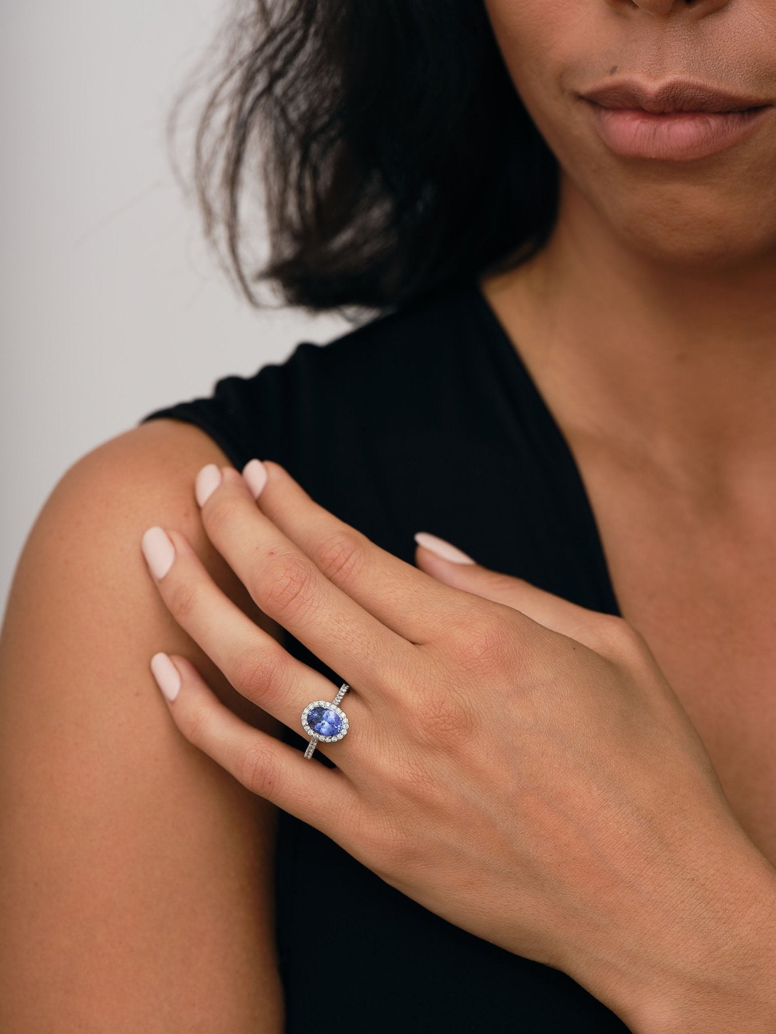 Halo Oval Tanzanite 1.85ct and Diamond 0.41ct Ring in 18K White Gold - All Diamond
