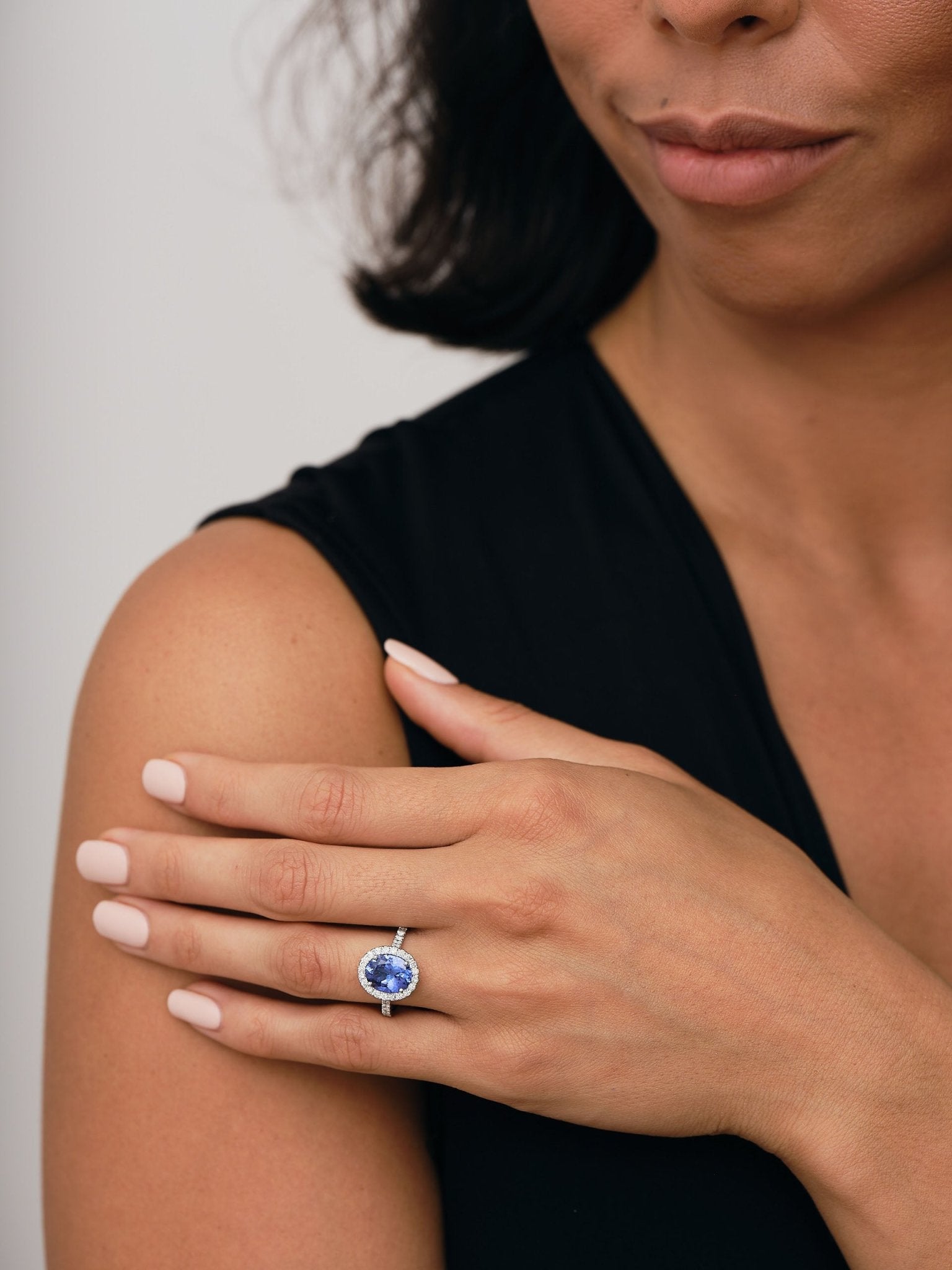Halo Oval Tanzanite 2.60ct and Diamond 0.59ct Ring in 18K White Gold - All Diamond