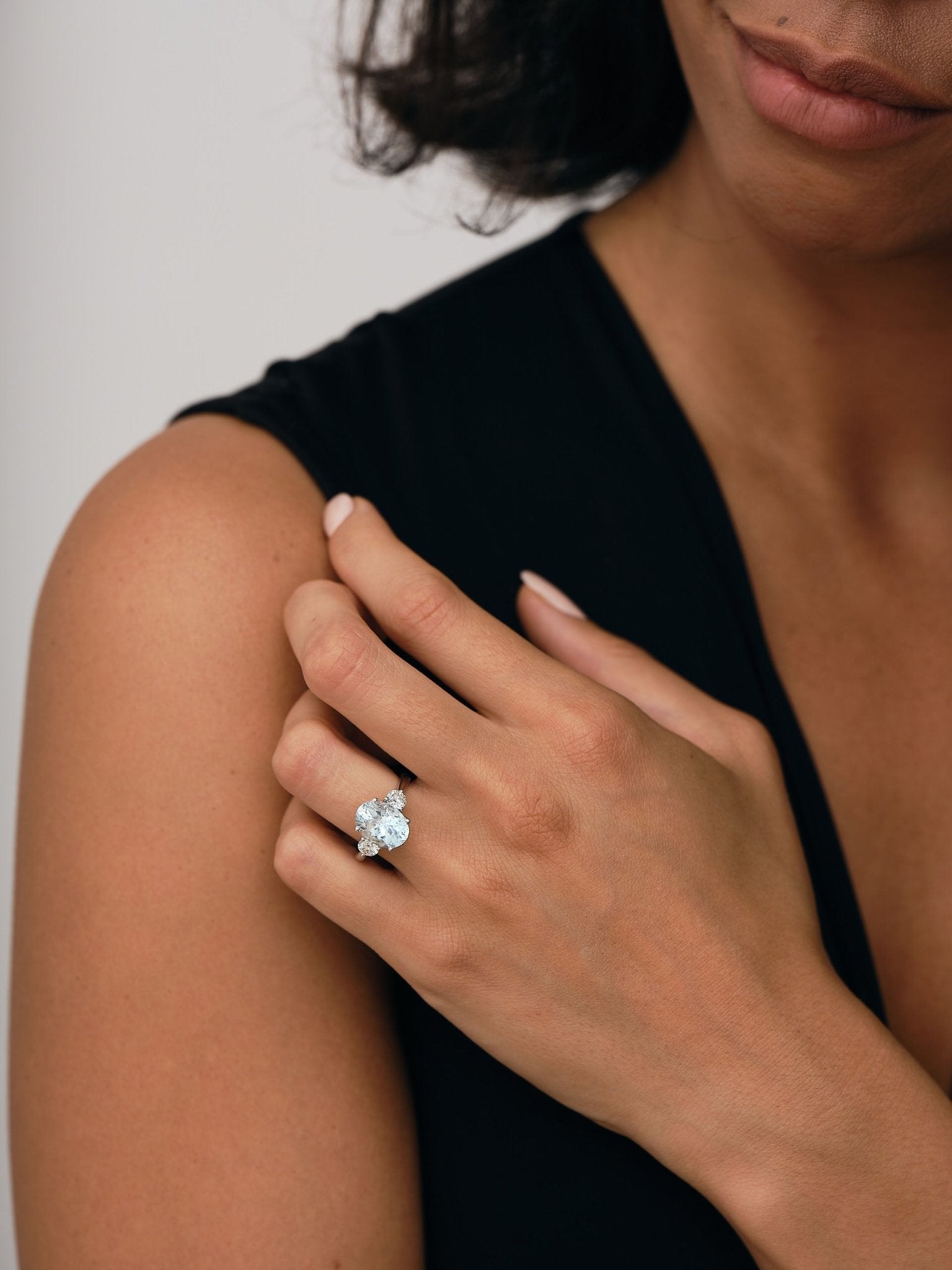 Three Stone Aquamarine 3.59ct & Diamond 0.68ct Ring in Platinum - All Diamond