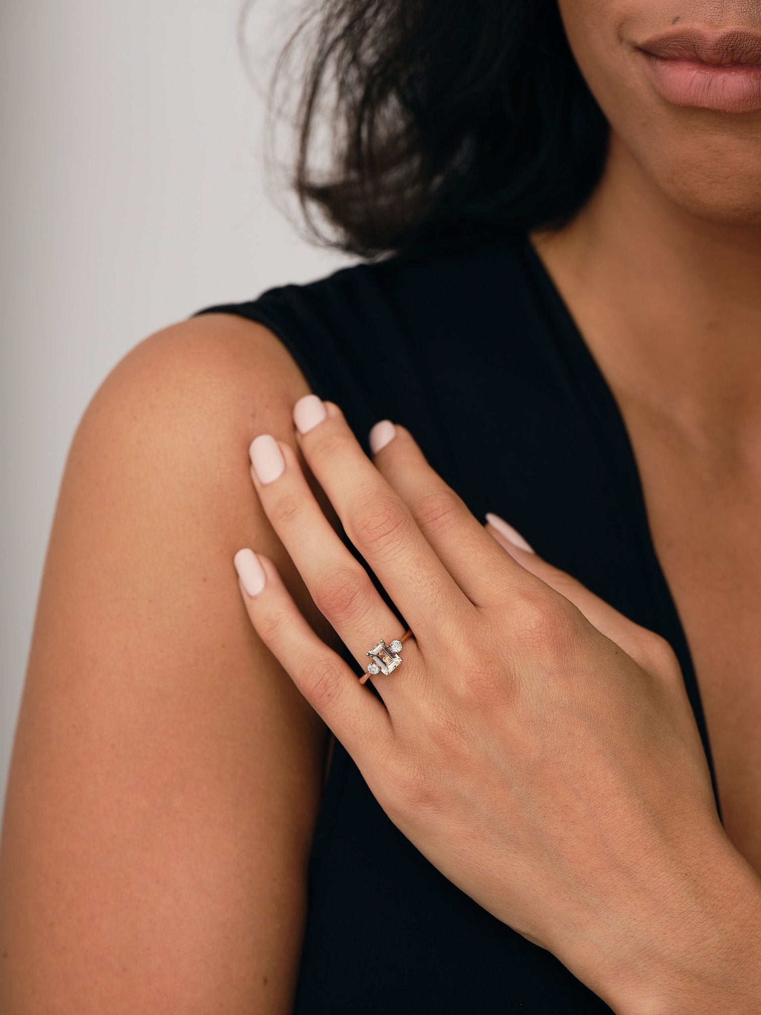 Three Stone Morganite 1.48ct & Diamond 0.31ct Ring in 9k Rose Gold - All Diamond