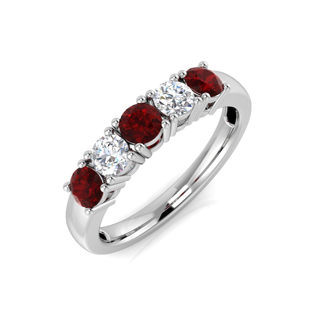 0.30ct Diamond 0.55ct Ruby Five Stone Ring 18k White Gold - All Diamond