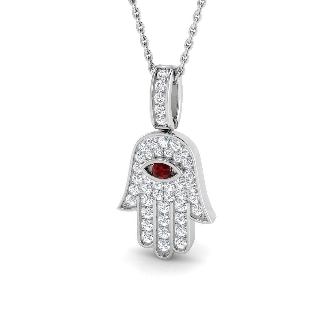 0.35ct Diamond Ruby 9k White Gold 'Evil Eye' Hamsa Pendant Necklace - All Diamond