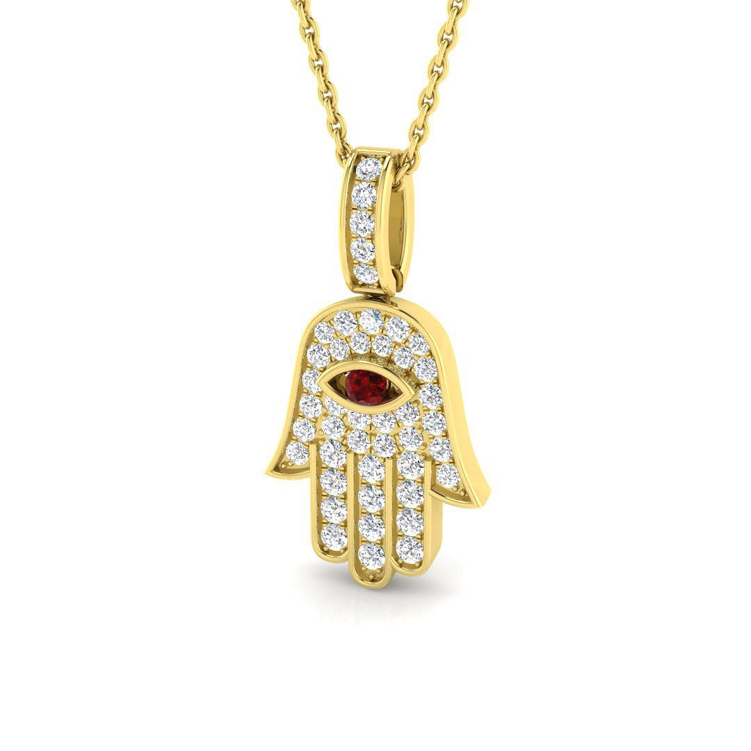 0.35ct Diamond Ruby 9k Yellow Gold 'Evil Eye' Hamsa Pendant Necklace - All Diamond