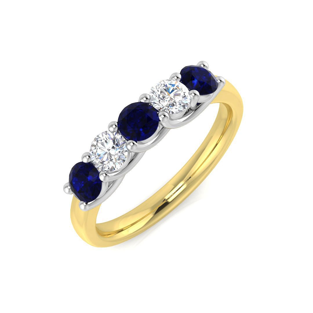 0.55ct Blue Sapphire 0.30ct Diamond Five Stone Ring 18k Yellow Gold - All Diamond