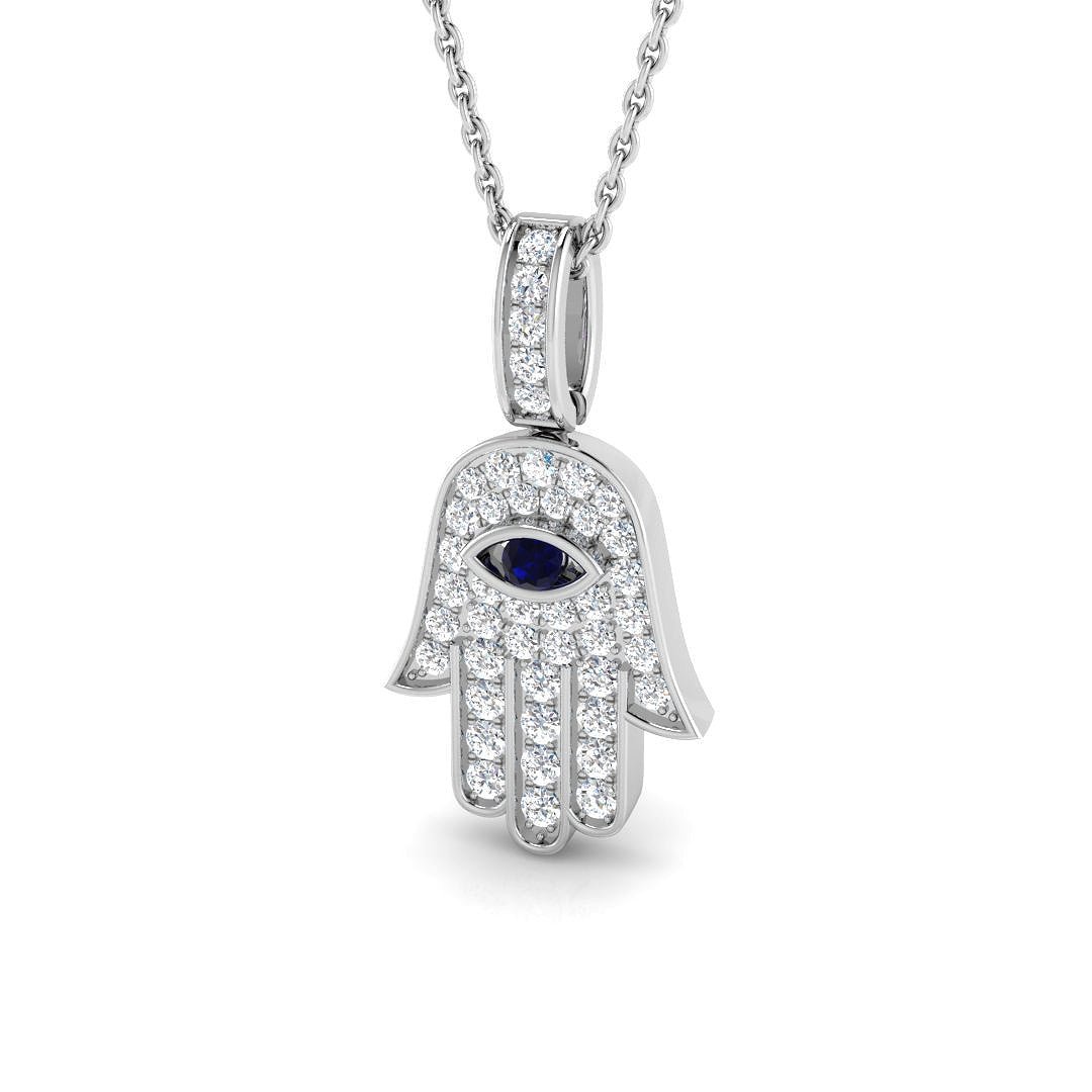 0.60ct Diamond Blue Sapphire 9k White Gold 'Evil Eye' Hamsa Pendant Necklace - All Diamond
