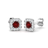 0.60ct Ruby & Diamond Square Cluster Earrings 18k White Gold - All Diamond