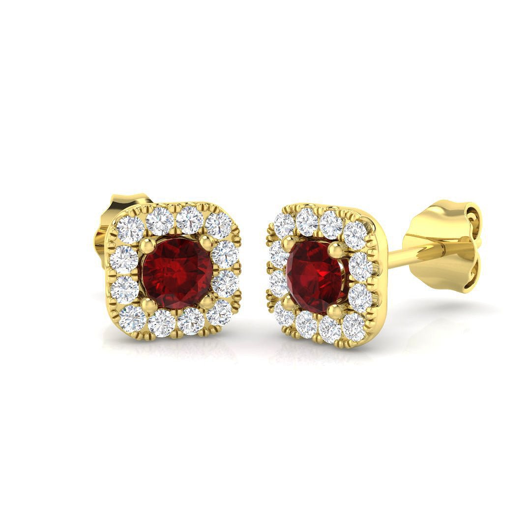 0.60ct Ruby & Diamond Square Cluster Earrings 18k Yellow Gold - All Diamond