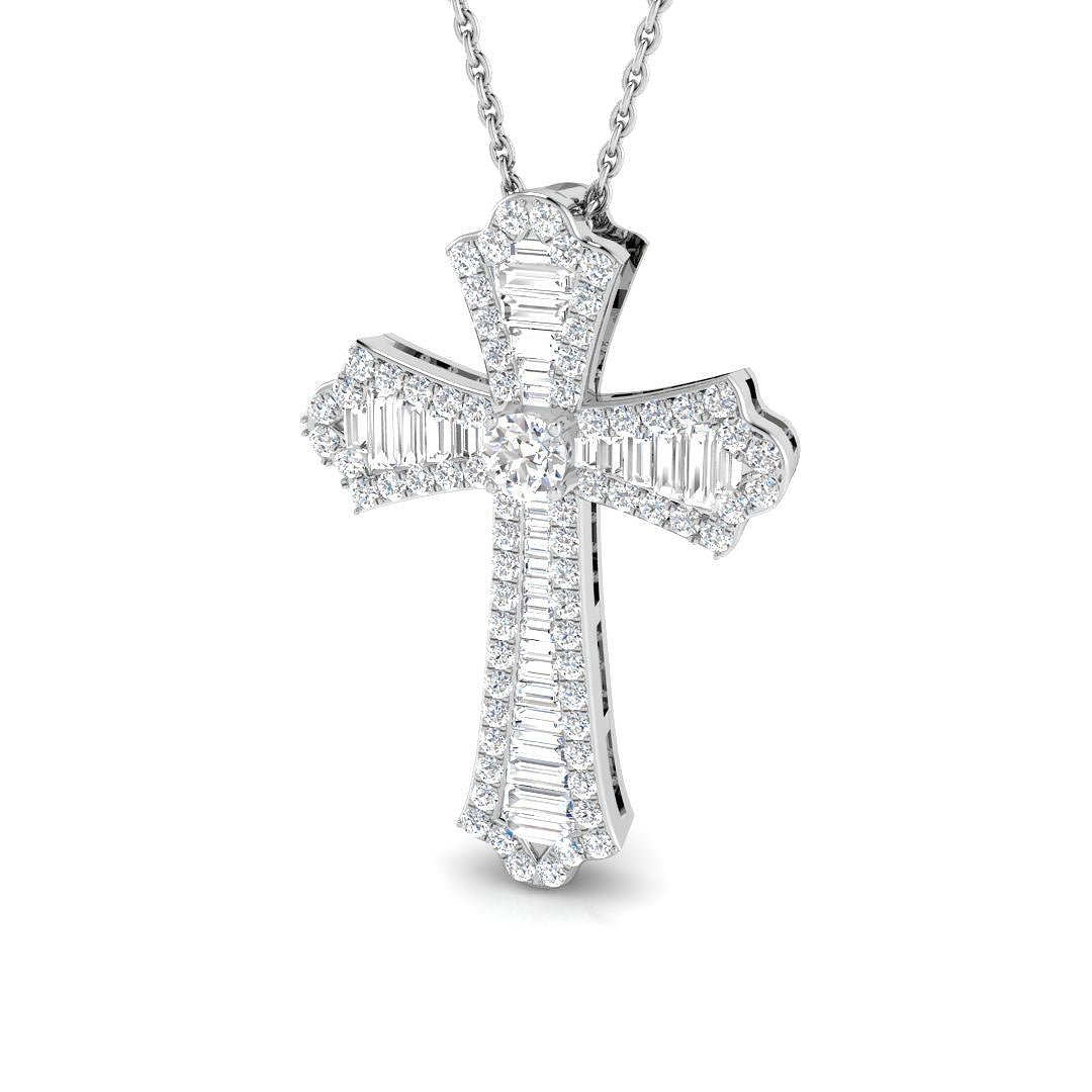 1.00ct Baguette and Round Cut Claw Set Diamond Cross in 9k White Gold - All Diamond