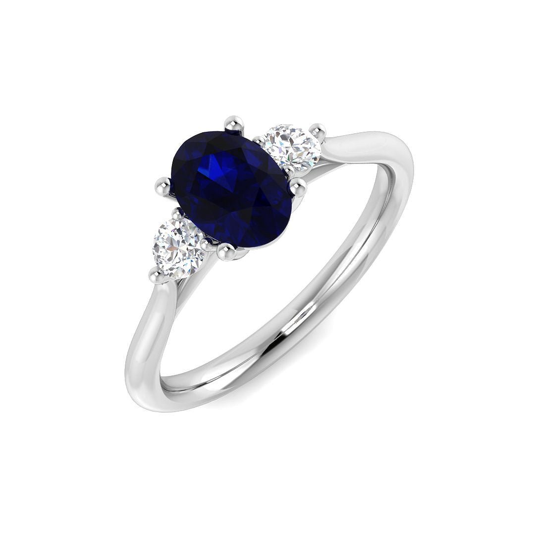 1.12ct Blue Sapphire with 0.23ct Diamond Trilogy Ring 18k White Gold - All Diamond