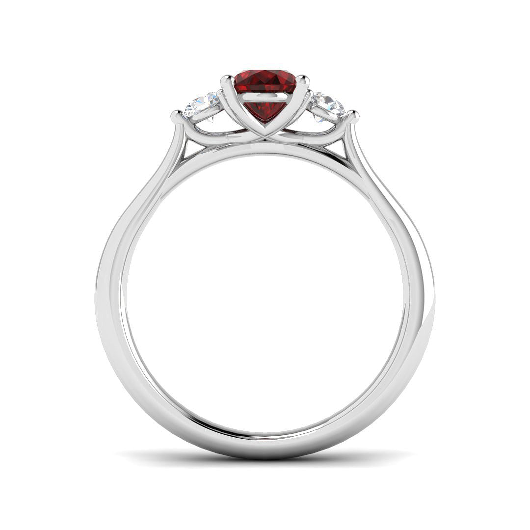 1.12ct Ruby with 0.22ct Diamond Trilogy Ring in 18k White Gold - All Diamond