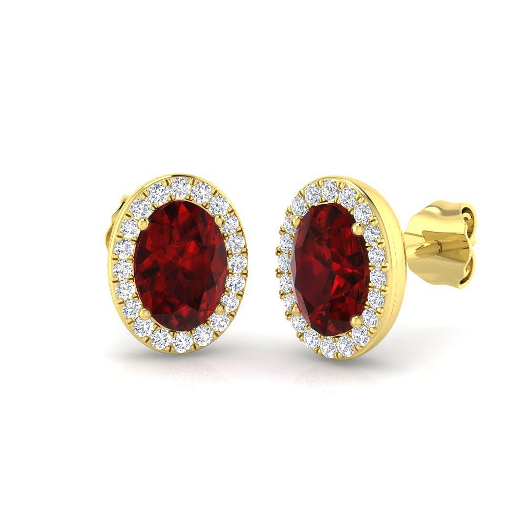 2.10ct Ruby & Diamond Oval Cluster Earrings 18k Yellow Gold - All Diamond