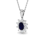 Blue Sapphire 0.45ct Oval with Diamond Cluster Pendant Necklace in 9k White Gold - All Diamond