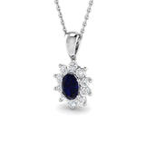 Blue Sapphire 0.45ct Oval with Diamond Cluster Pendant Necklace in 9k White Gold - All Diamond