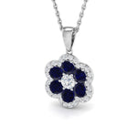 Blue Sapphire 0.70ct and Diamond Flower Pendant Necklace 9k White Gold - All Diamond