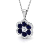 Blue Sapphire 0.70ct and Diamond Flower Pendant Necklace 9k White Gold - All Diamond