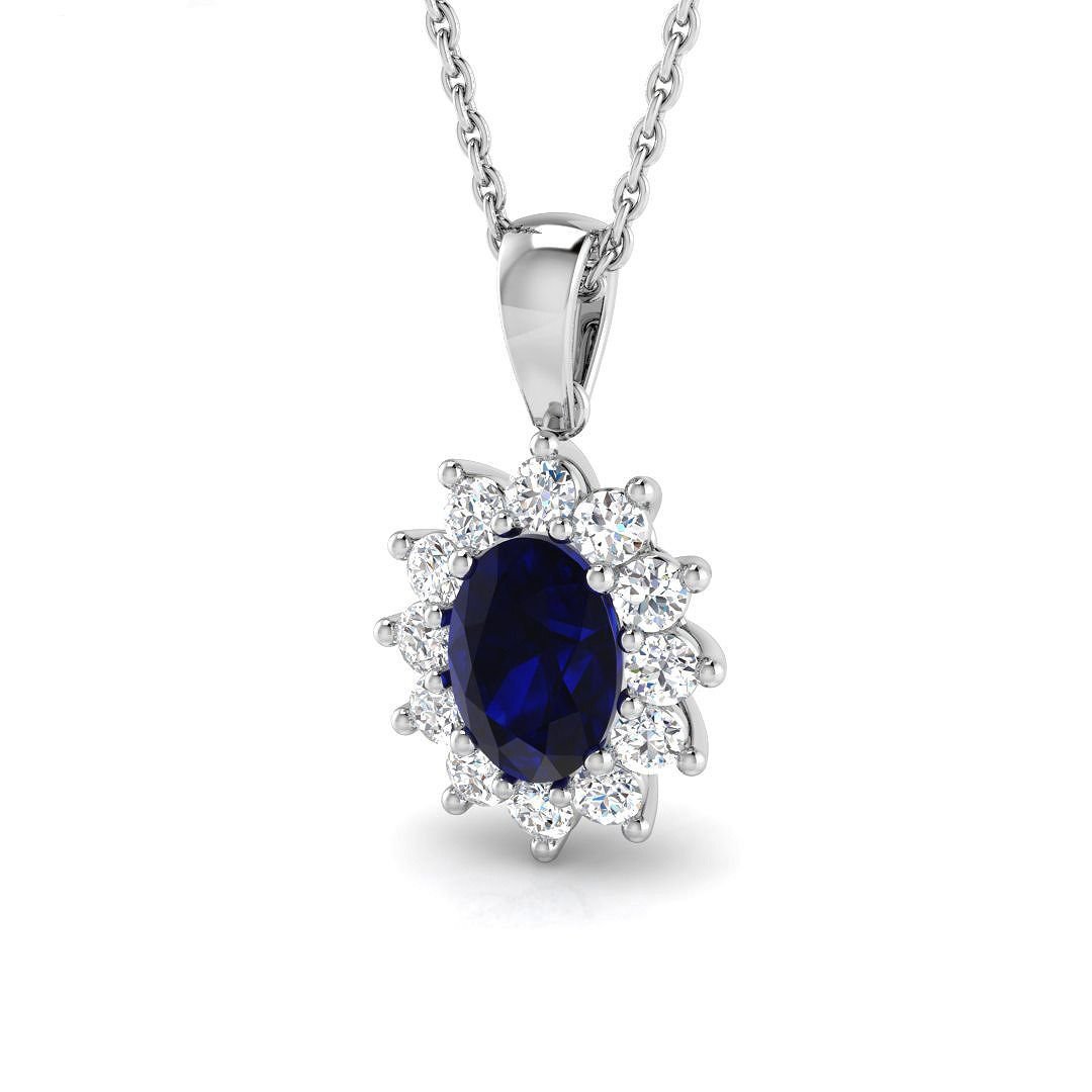 Blue Sapphire 1.00ct Oval with Diamond Cluster Pendant Necklace in 9k White Gold - All Diamond