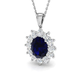 Blue Sapphire 2.40ct Oval with Diamond Cluster Pendant Necklace in 18k White Gold - All Diamond
