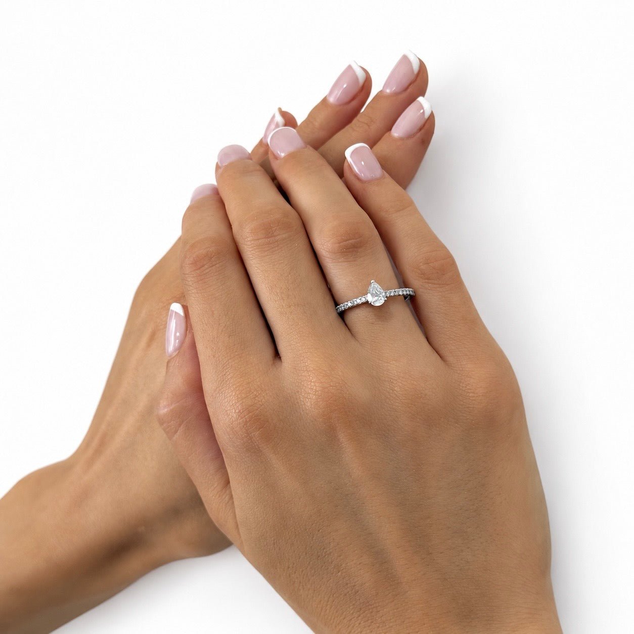 Certified Diamond Pear Side Stone Engagement Ring 0.80ct E/VS 18k White Gold - All Diamond