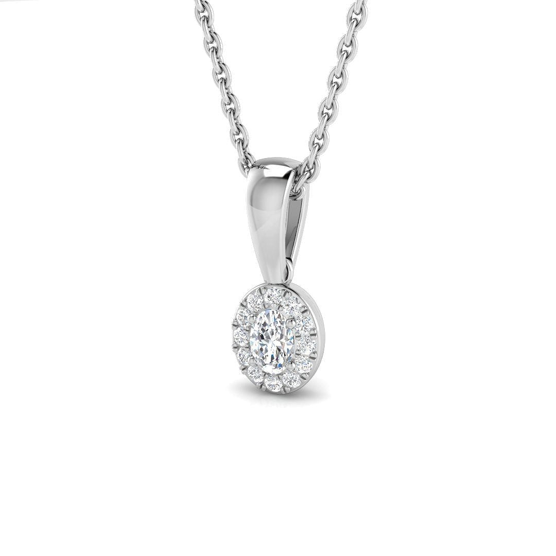 Diamond Halo Oval Pendant Necklace 0.15ct G/SI 9k White Gold - All Diamond