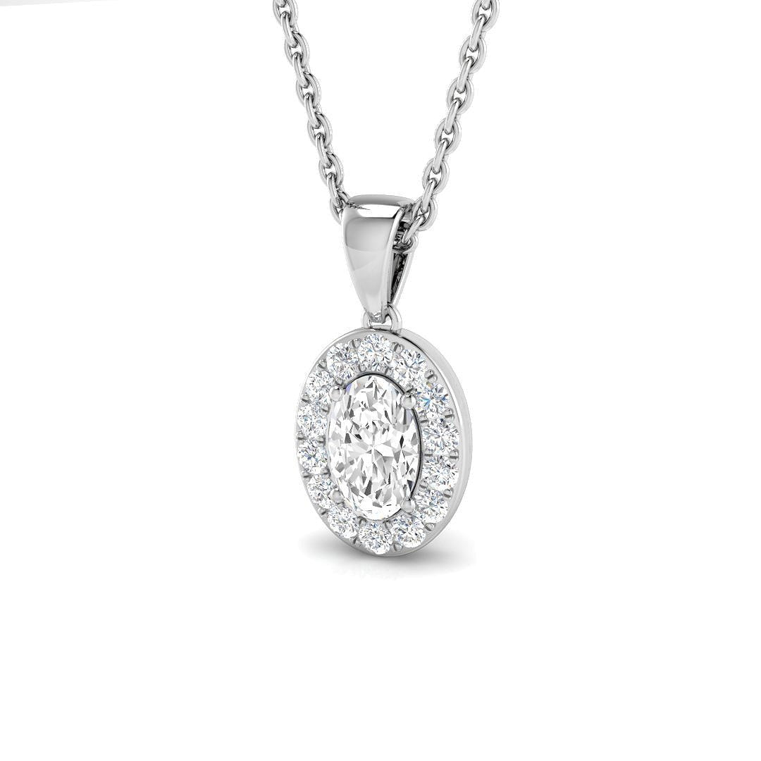 Diamond Halo Oval Pendant Necklace 0.35ct G/SI 9k White Gold - All Diamond