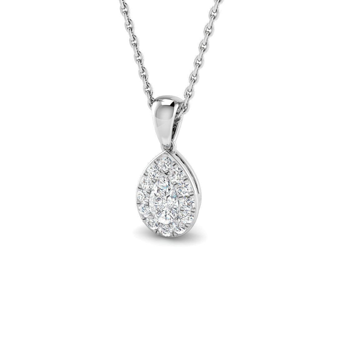 Diamond Halo Pear Pendant Necklace 0.35ct G/SI 9k White Gold - All Diamond
