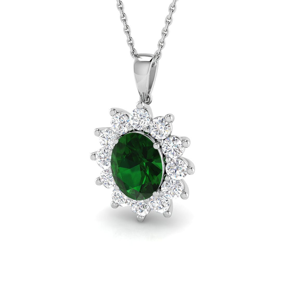 Emerald 2.00ct Oval with Diamond Pendant Necklace in 9k White Gold - All Diamond