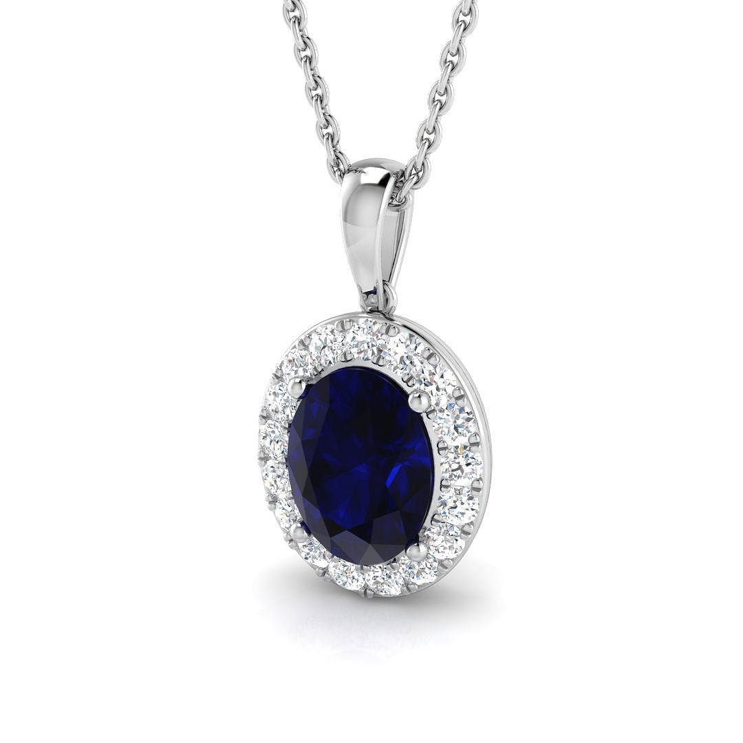 Halo Blue Sapphire 1.85ct with Diamond Necklace in 9k White Gold - All Diamond