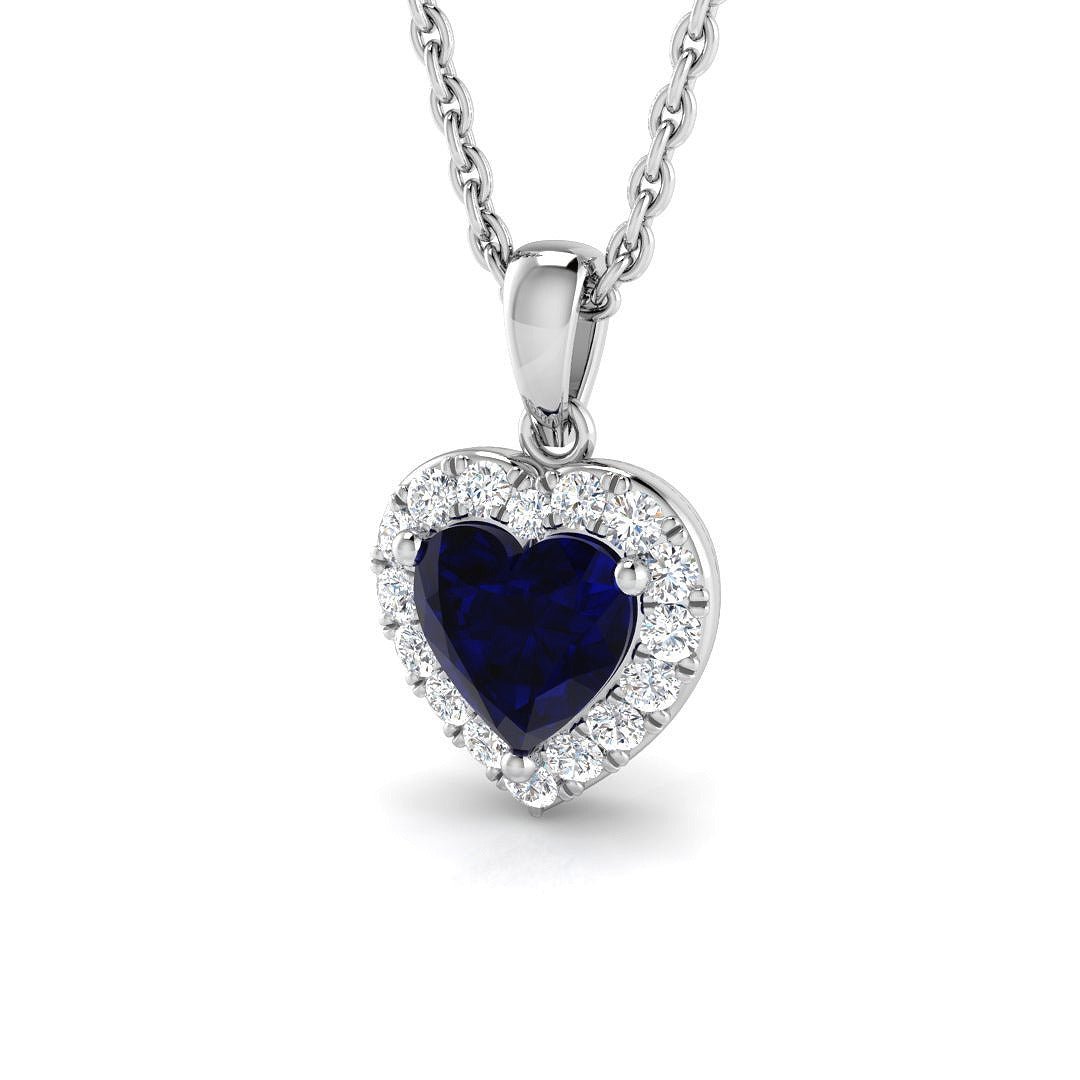 Halo Blue Sapphire Heart Cut 0.55ct and Diamond Necklace in 9k White Gold - All Diamond