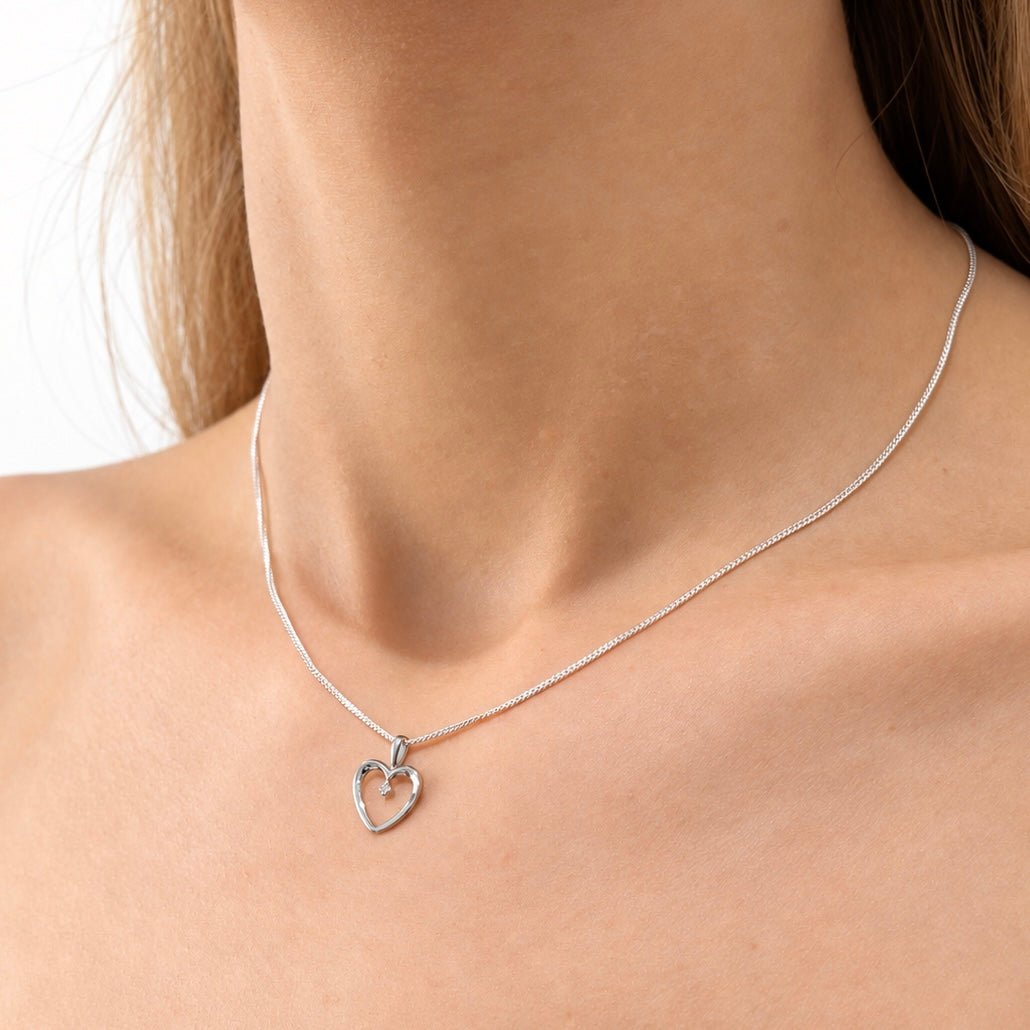 Heart Pendant Necklace 0.02ct Diamond 9K White Gold - All Diamond