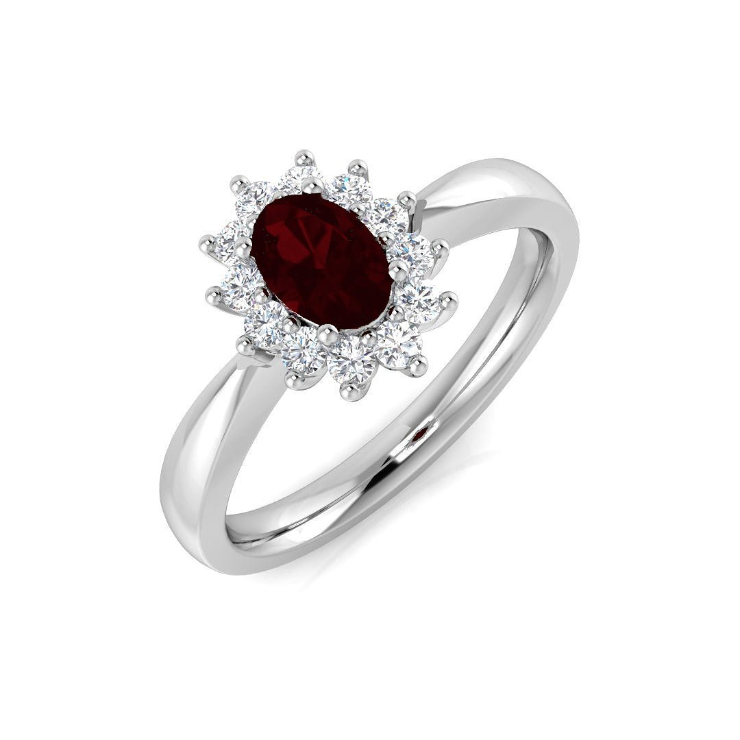 Oval 0.50ct Ruby 0.20ct Diamond Cluster Ring 18k White Gold - All Diamond