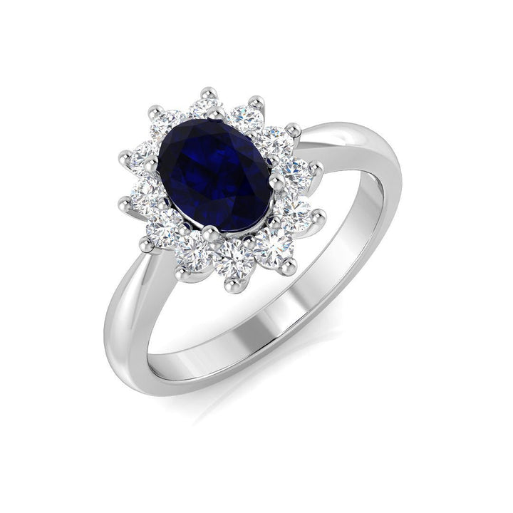 Oval 1.00ct Blue Sapphire 0.30ct Diamond Cluster Ring 18k White Gold