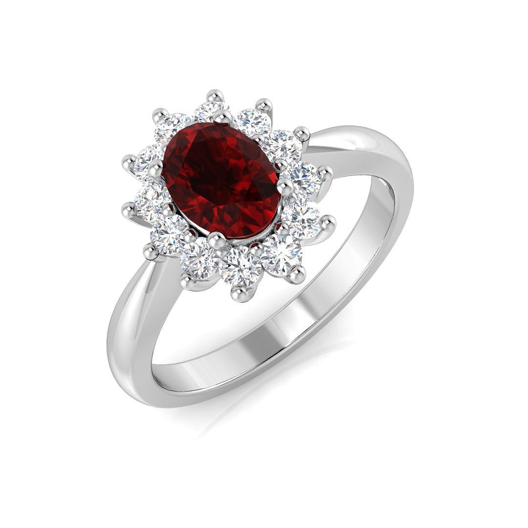 Oval 1.00ct Ruby 0.30ct Diamond Cluster Ring 18k White Gold - All Diamond