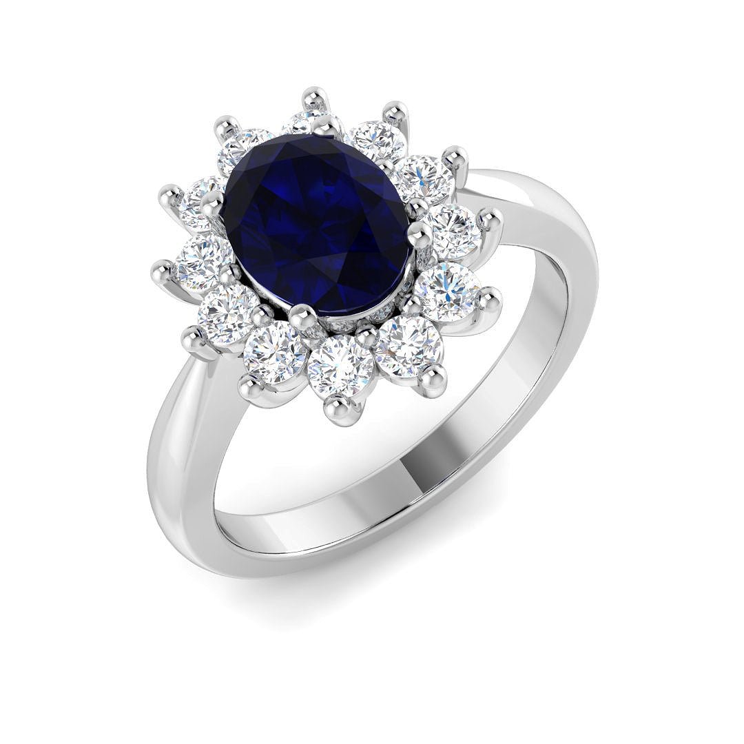 Oval 1.50ct Blue Sapphire 0.50ct Diamond Cluster Ring 18k White Gold - All Diamond