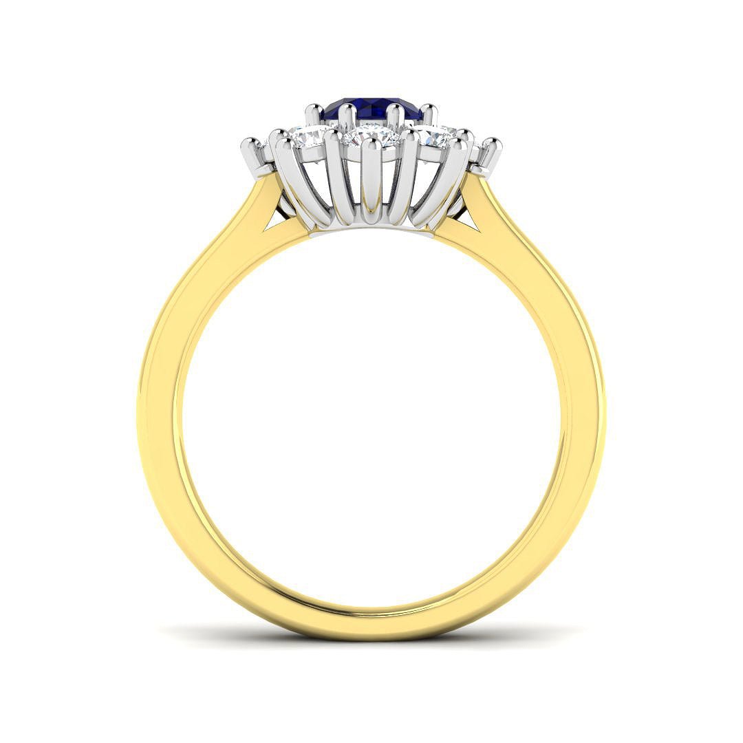 Round 0.60ct Blue Sapphire 0.60ct Diamond Cluster Ring 18k Yellow Gold - All Diamond