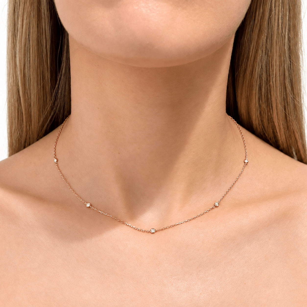 Round Diamond Chain Necklace 0.32ct G/SI 18k Rose Gold 16" - All Diamond