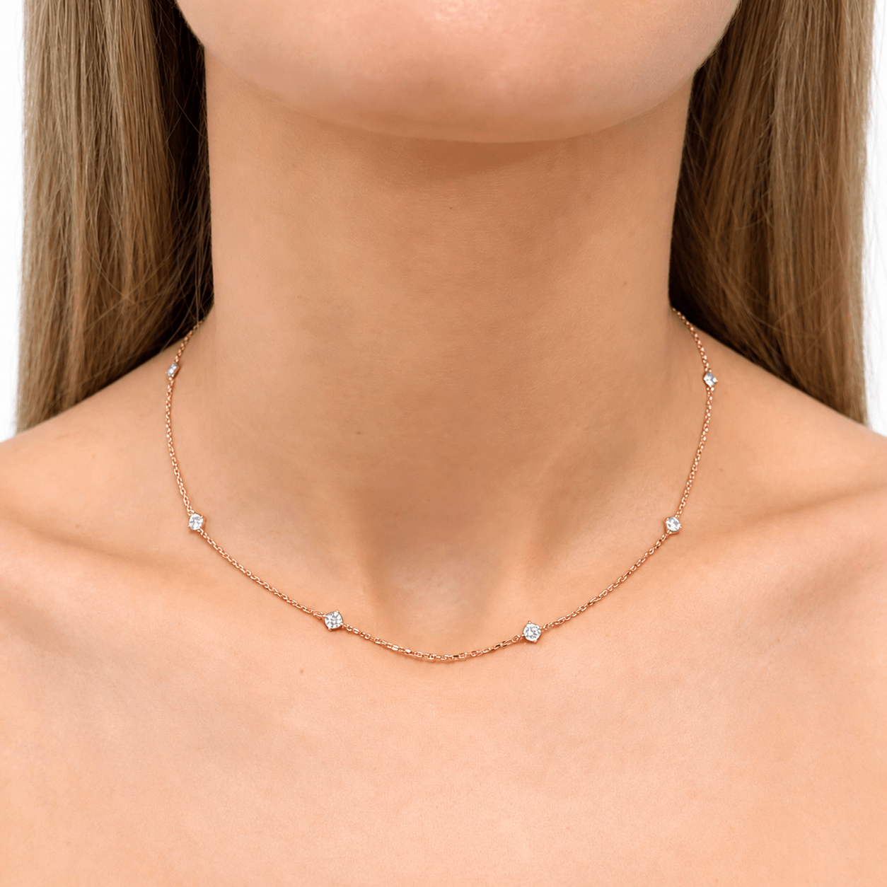 Round Diamond Chain Necklace 0.88ct G/SI 18k Rose Gold 16" - All Diamond