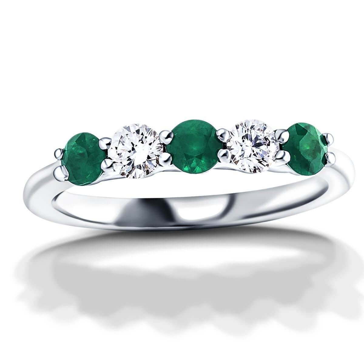 0.30ct Emerald 0.20ct Diamond Five Stone Ring 18k White Gold - All Diamond