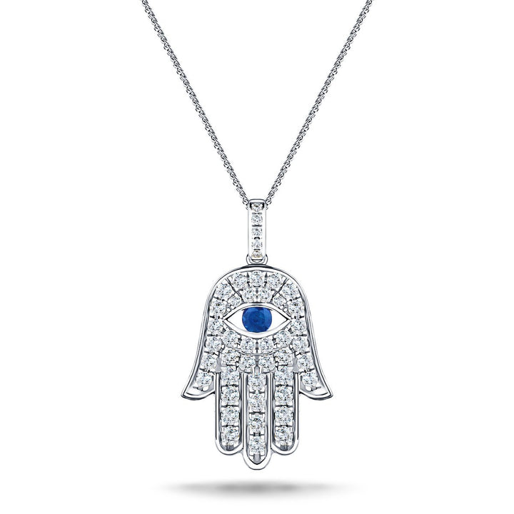 0.33ct Diamond Blue Sapphire 18K 'Evil Eye' Hamsa Pendant Necklace