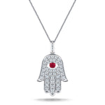 0.33ct Diamond Ruby 18K White Gold 'Evil Eye' Hamsa Pendant Necklace - All Diamond